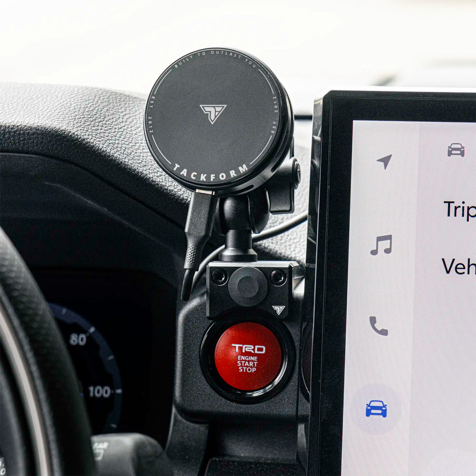 No-drill Tackform dash clip phone mount installed in a 2024+ Toyota Tacoma interior